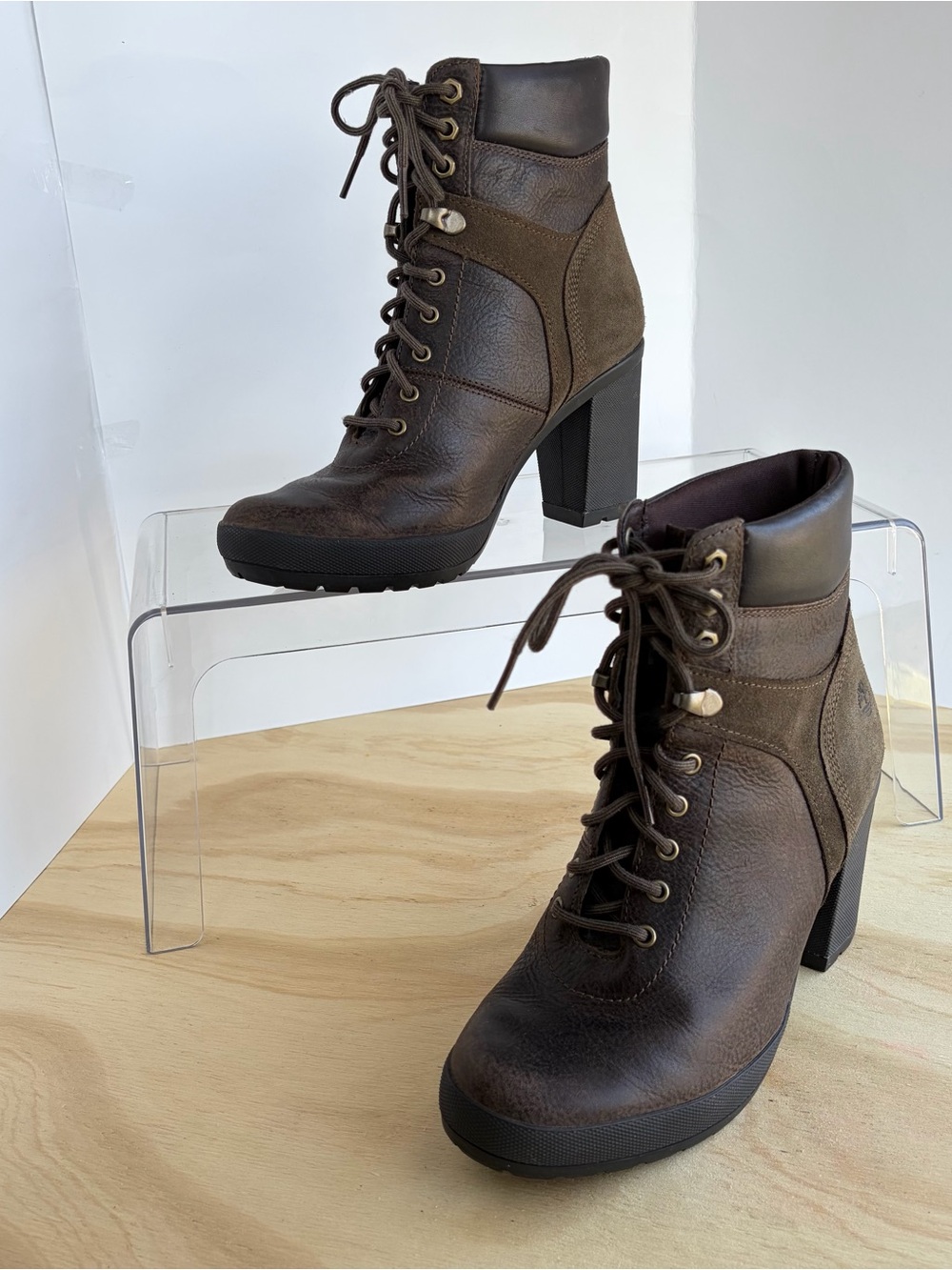 Timberland Women's Earthkeepers Brown Leather Suede Lace Up Block Heel Booties